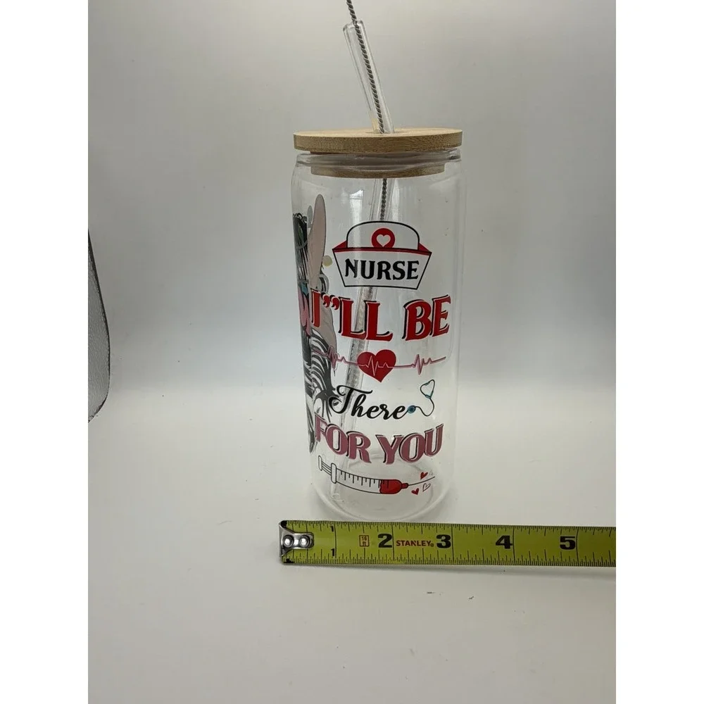 NURSE Glass Tumbler Cup Bamboo Lid Glass‎ Straw & Straw Cleaner